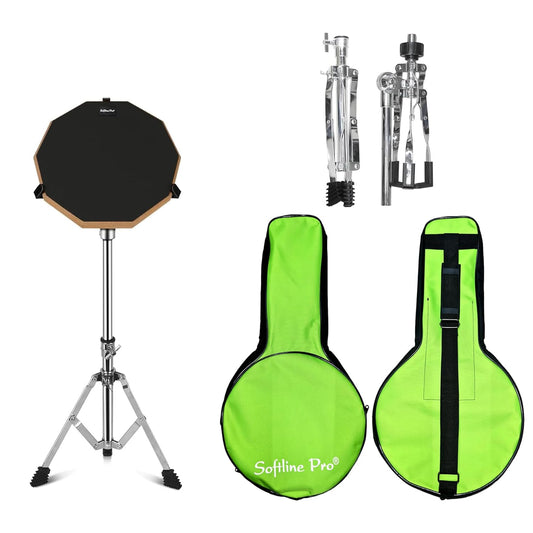 Softline Pro Drum Practice Pad, 12" & 10 Corners Dumbed Adjustable & Foldable Drum Practice Pad Kit, Double Side with Stand & Bag (SP-DPPK-43-KIT-BK)