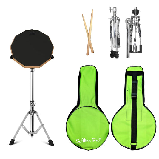 Softline Pro Drum Practice Pad, 12" & 10 Corners Dumbed Adjustable & Foldable Drum Practice Pad Kit, Double Side with Stand & Bag (SP-DPPK-43-STICK-KIT-BK)