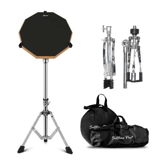 Softline Pro Drum Practice Pad, 12" & 10 Corners Dumbed Adjustable & Foldable Drum Practice Pad Kit, Double Side with Stand & Bag (SP-DPPK-40-Kit- Black)