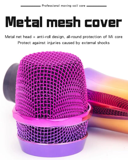 Purple metal mesh cover on a microphone with text about its features.
