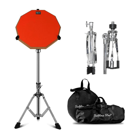 Softline Pro Drum Practice Pad, 12" & 10 Corners Dumbed Adjustable & Foldable Drum Practice Pad Kit, Double Side with Stand & Bag (SP-DPPK-40-Kit- Orange)