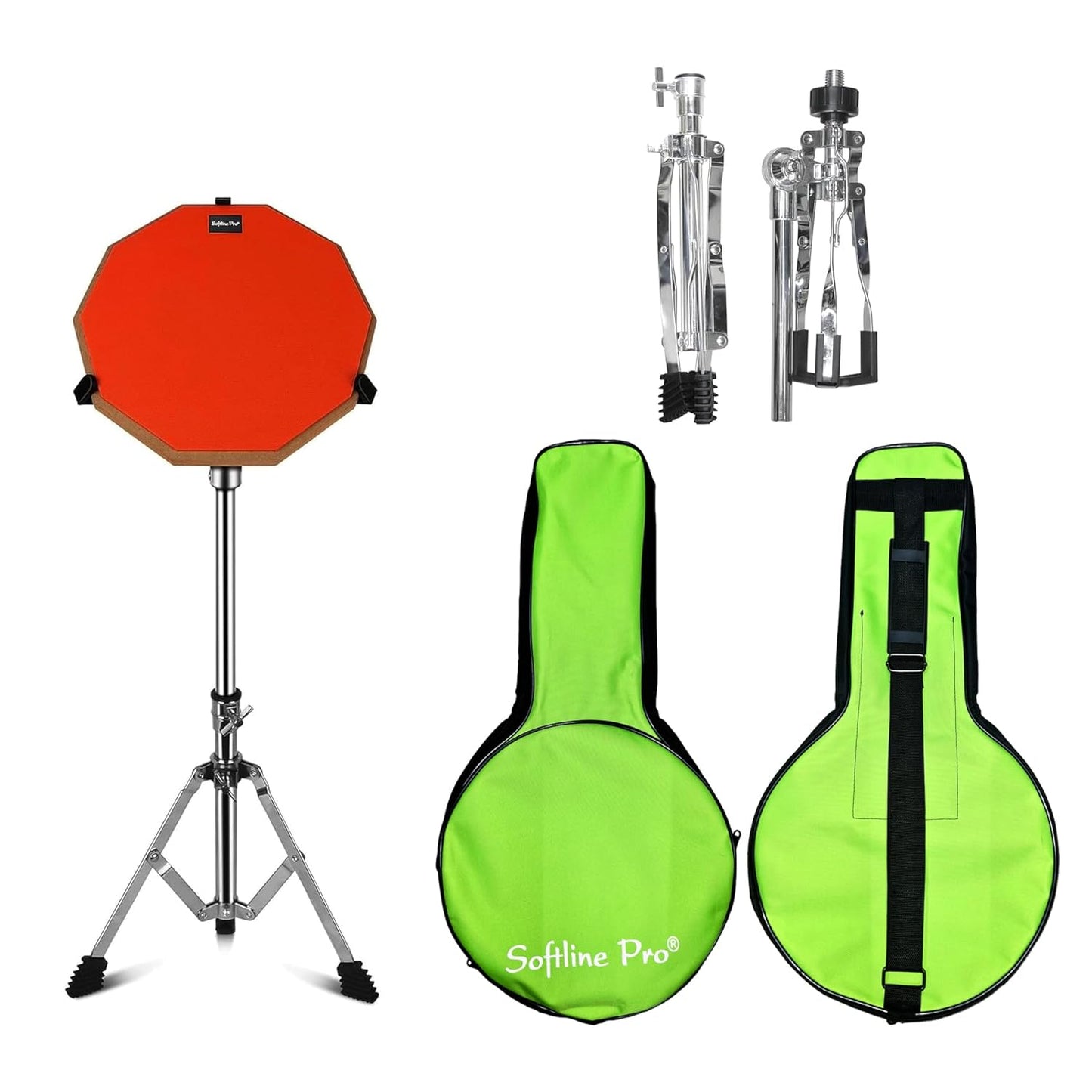 Softline Pro Drum Practice Pad, 12" & 10 Corners Dumbed Adjustable & Foldable Drum Practice Pad Kit, Double Side with Stand & Bag (SP-DPPK-43-KIT-OG)