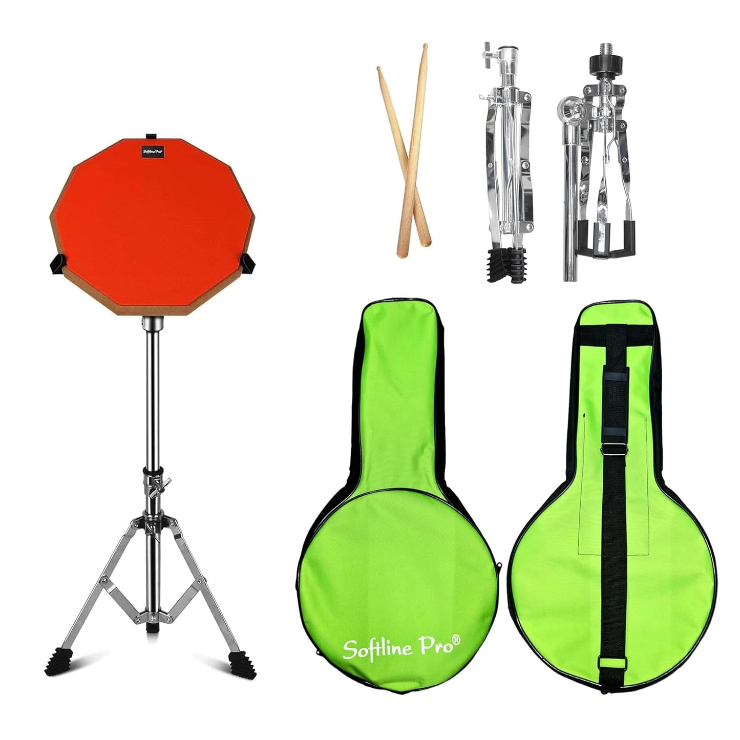 Softline Pro Drum Practice Pad, 12" & 10 Corners Dumbed Adjustable & Foldable Drum Practice Pad Kit, Double Side with Stand & Bag (SP-DPPK-43-STICK-KIT-OG)