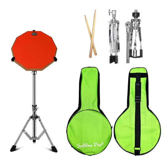 Softline Pro Drum Practice Pad, 12" & 10 Corners Dumbed Adjustable & Foldable Drum Practice Pad Kit, Double Side with Stand & Bag (SP-DPPK-43-STICK-KIT-OG)