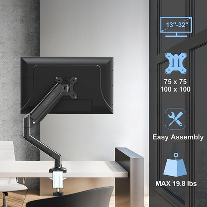 Softline Pro SP HMS1 Single Monitor Desk Mount, Gas Spring Single Arm Monitor Stand Desk VESA Mount for 13 to 32 Inch Screen with Clamp and Grommet Mounting Base