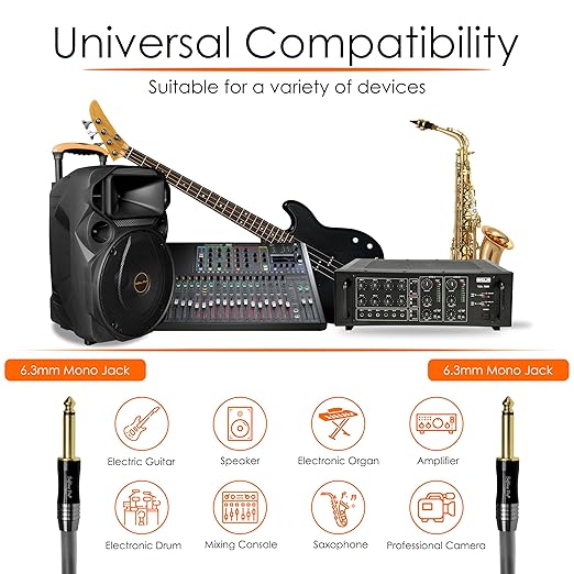 Softline Pro Electric Guitar Patch Cord Cable, 6.35MM Mono Jack to 6.35MM Mono Jack 16 Ft / 5 Meter Cable for Mixer, Power Amplifier, HiFi Stereo, Loudspeaker, Durable Gold Plated Connectors, SPJJ500