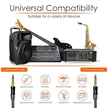 Softline Pro Electric Guitar Patch Cord Cable, 6.35MM Mono Jack to 6.35MM Mono Jack 16 Ft / 5 Meter Cable for Mixer, Power Amplifier, HiFi Stereo, Loudspeaker, Durable Gold Plated Connectors, SPJJ500