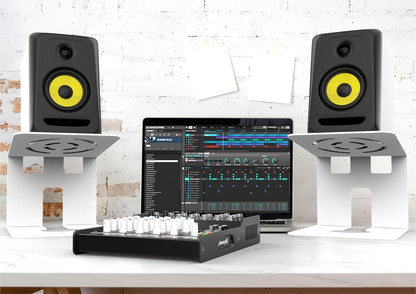 Softline Pro Desktop Speaker Stands – Adjustable Monitor Riser Pair (White, Metal, Ventilated Design) { SP DMS3 WH}