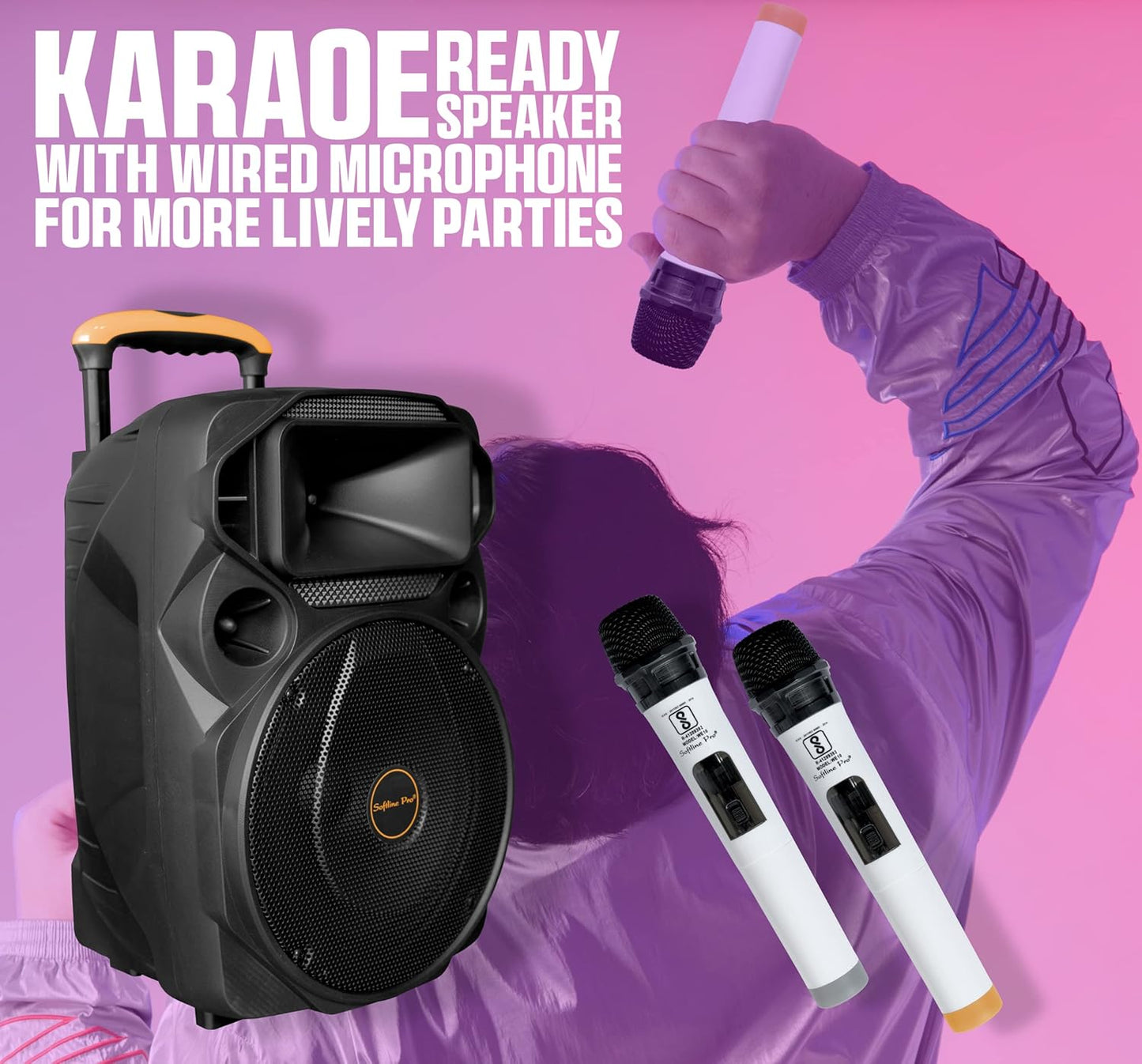 Softline Pro SP-1266 Portable Trolley Speaker 12 Inch Multimedia BT, Karaoke with Audio Recording, USB, SD, FM PA System with 2 Wireless Microphone