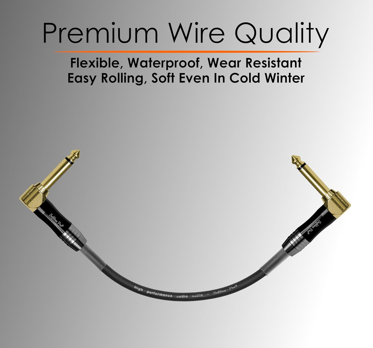 Bendable audio cable with gold connectors on a gray background, featuring text about premium wire quality.