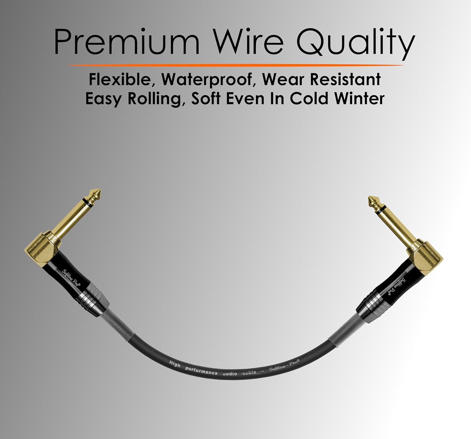 Bendable audio cable with gold connectors on a gray background, featuring text about premium wire quality.