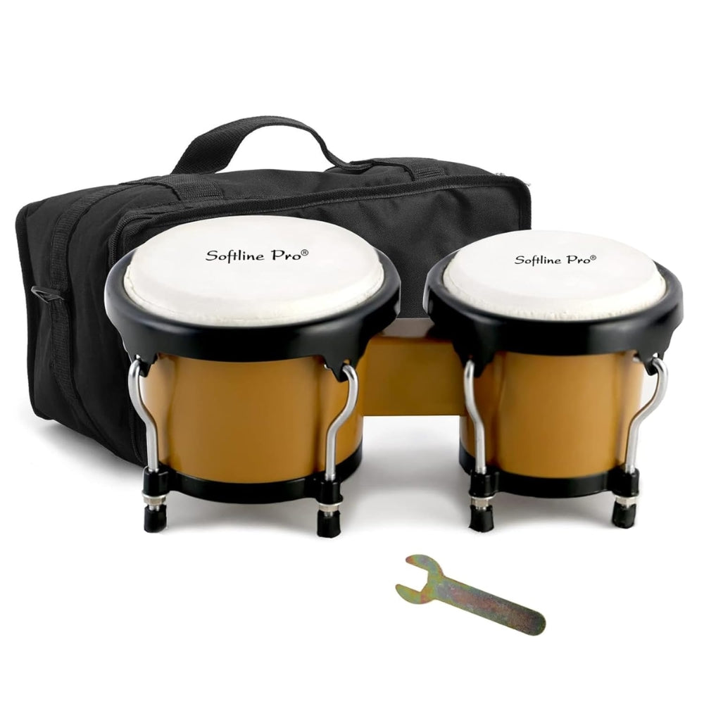 A set of two bongo drums, one smaller than the other, with metal frames and natural skin heads, placed next to a black padded carrying bag and a tuning wrench.