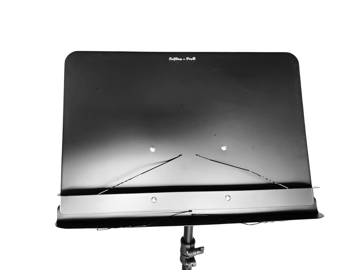 Black metal music stand with a reflective surface on a white background
