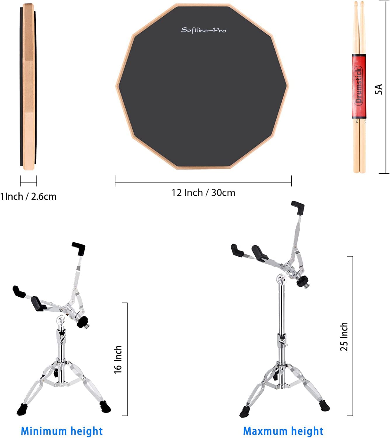 Measurement chart of a drum practice pad, stands, and sticks with dimensions.