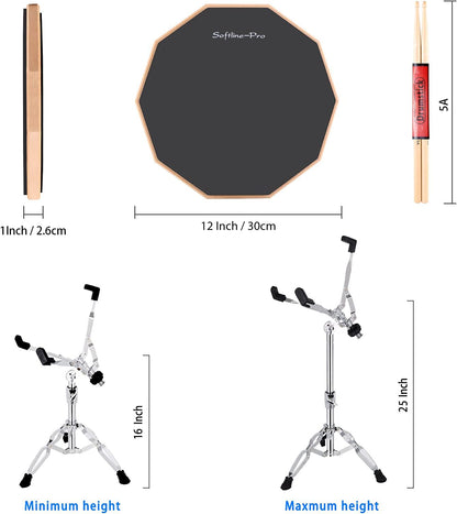 Measurement chart of a drum practice pad, stands, and sticks with dimensions.