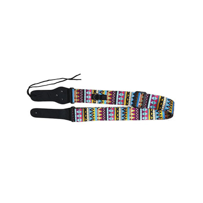 Colorful patterned guitar strap on a white background