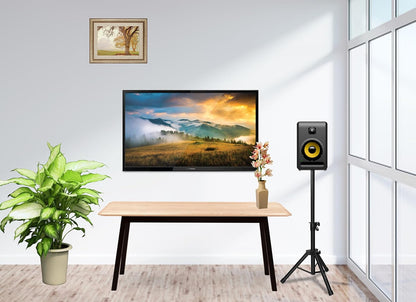 SP80 stand with studio monitors in use (3.5–8 inches), 
Single tripod speaker stand