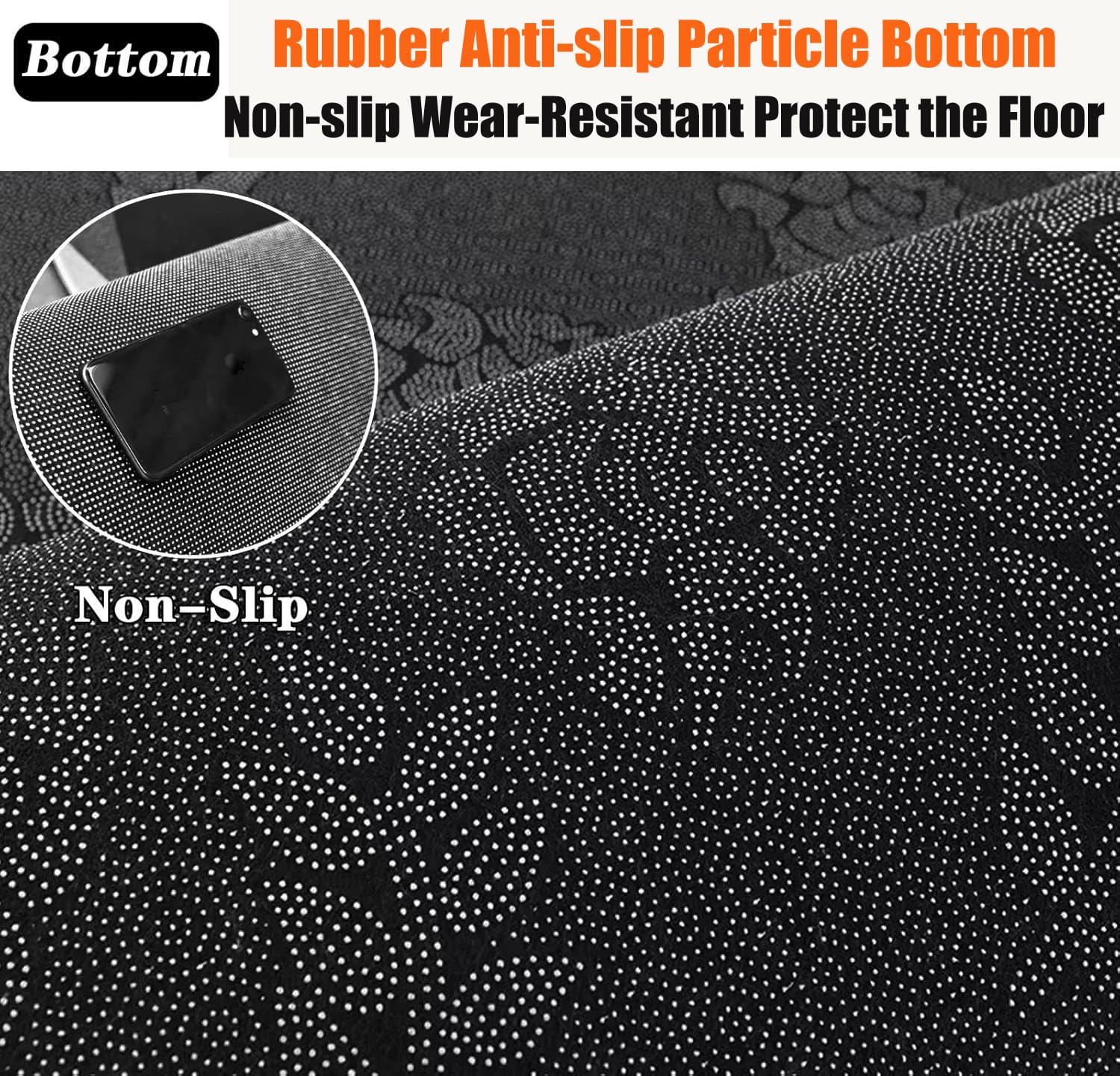 Text and close-up of non-slip surface with rubber particles on a black background