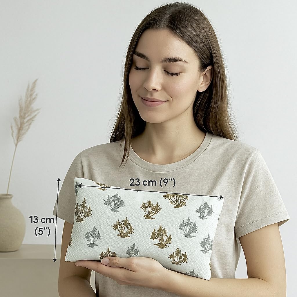 Woman holding a small pillow with measurements indicated