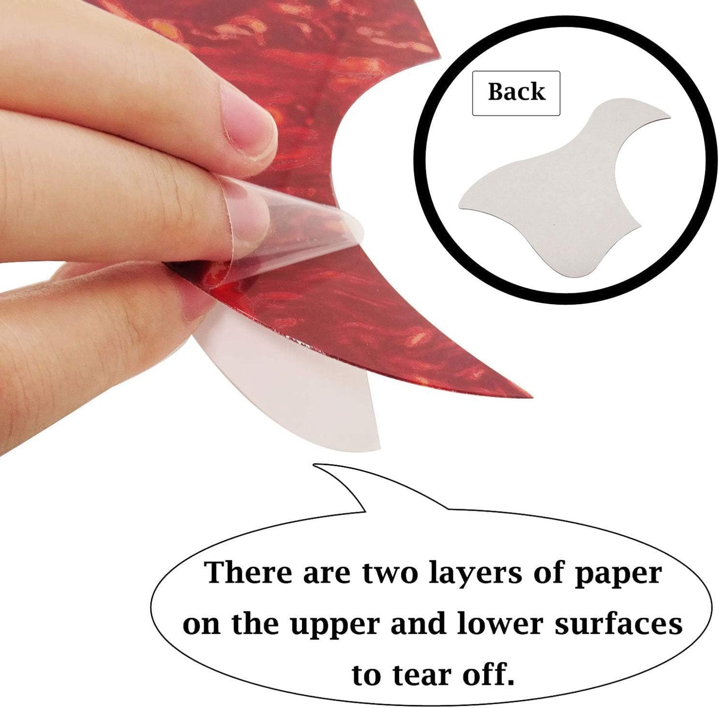 Hand holding a red paper cutout with a close-up of the back side and text explaining the paper's layers.