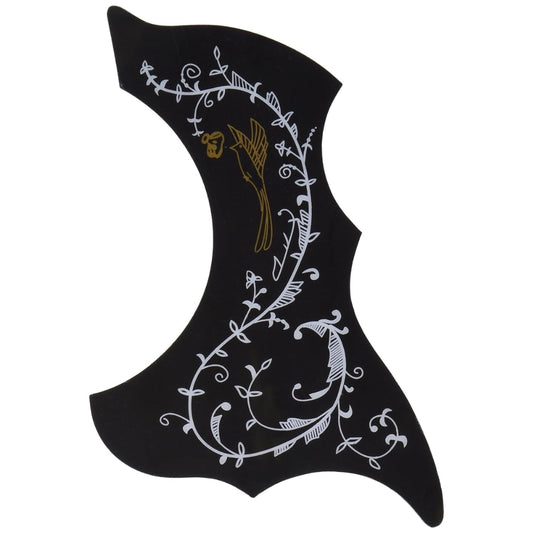 Single Pickguard Close-up: “Black hummingbird-pattern PVC pickguard (Gibz’s SP-HBPG 001) on white background”