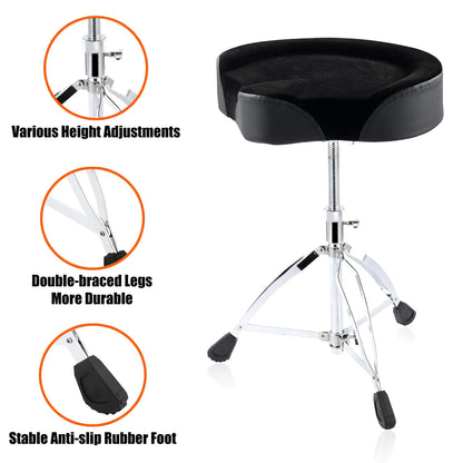 Black drum stool with height adjustments and stable feet on a white background.