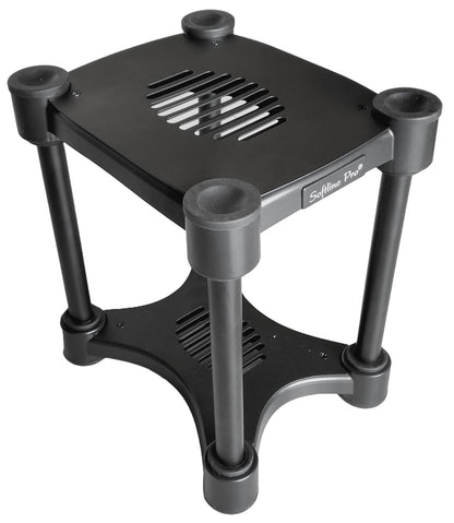 Black isolation speaker stand for professional audio setup, 
Height and tilt adjustable speaker stand