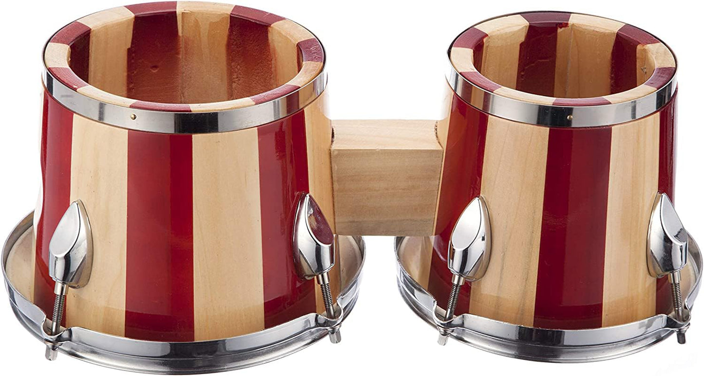 Wooden bongo drums with red and beige stripes on a white background