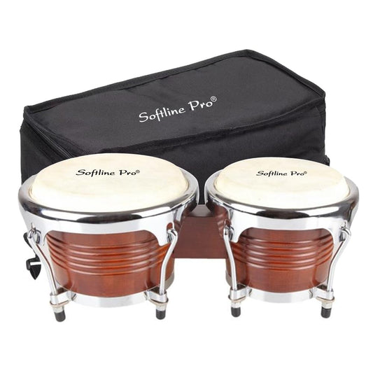 Softline Pro wooden bongo drums with natural skin heads and chrome rims