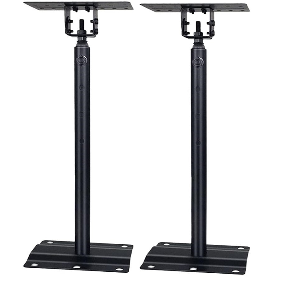 Two black metal brackets on a white background