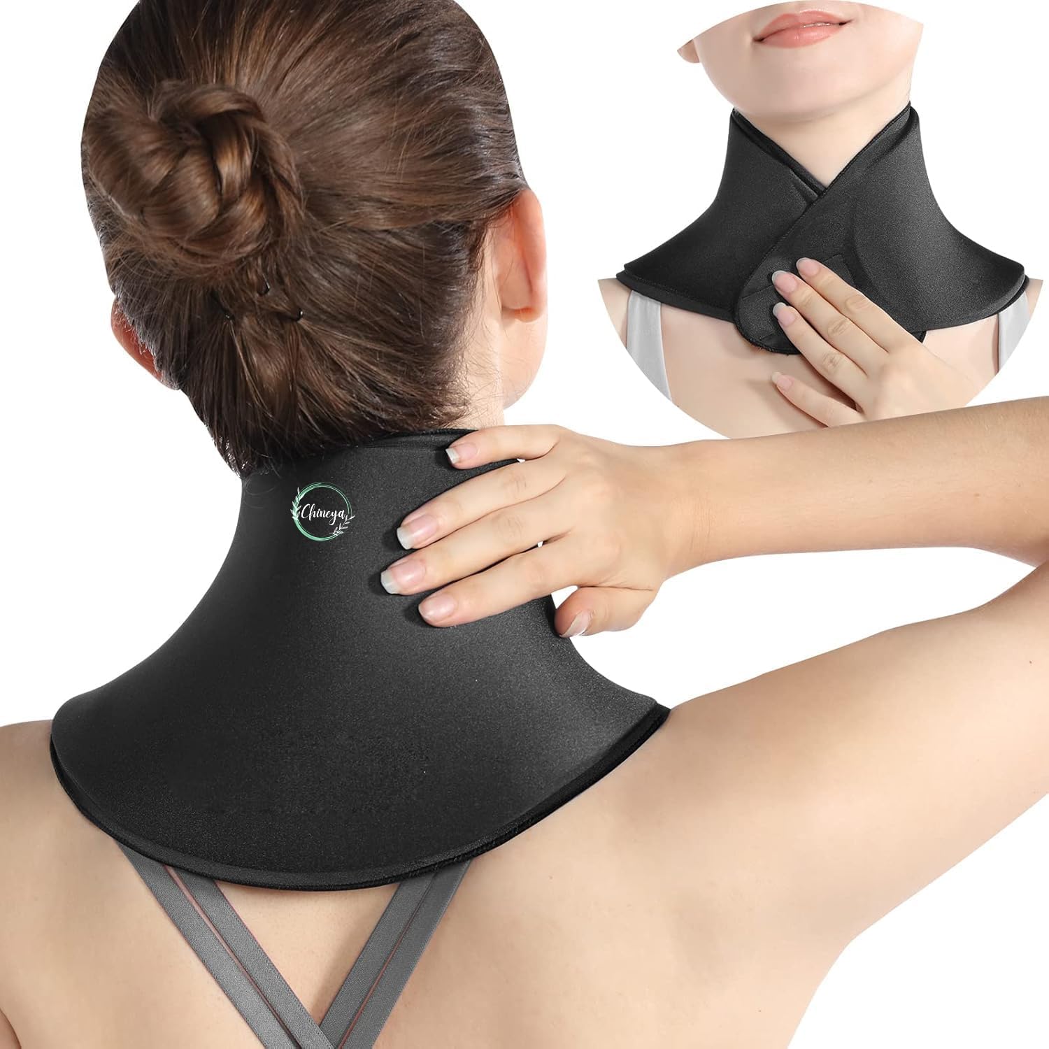 Black neck support device worn by a person on a white background