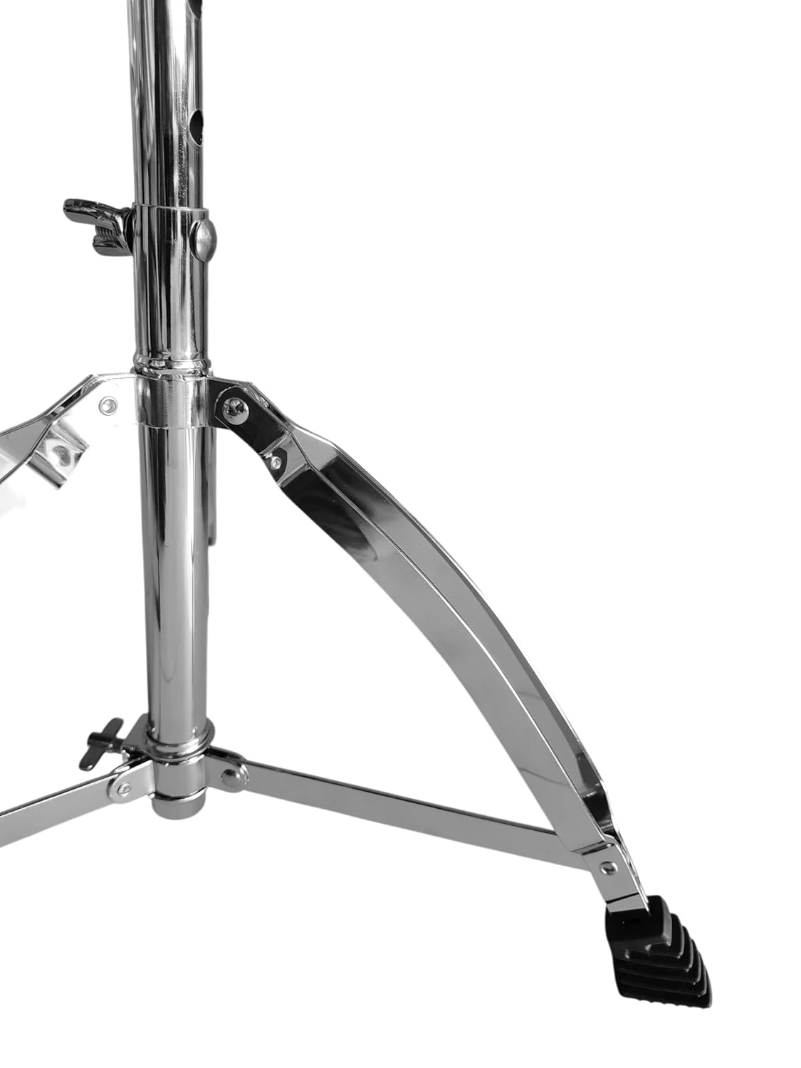 Close-up of a chrome drum stand on a white background