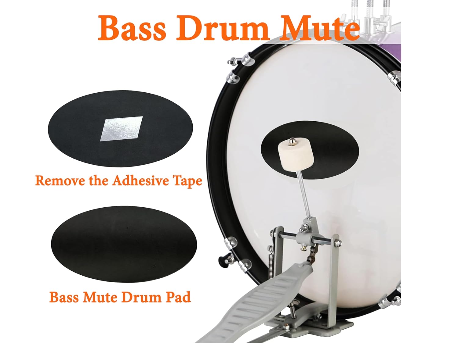 Bass drum mute with adhesive tape and drum pad on a white background