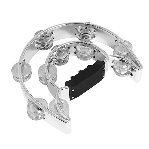 A double-row hand held tambourine with a metal body and a black non-slip handle.