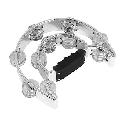 A double-row hand held tambourine with a metal body and a black non-slip handle.