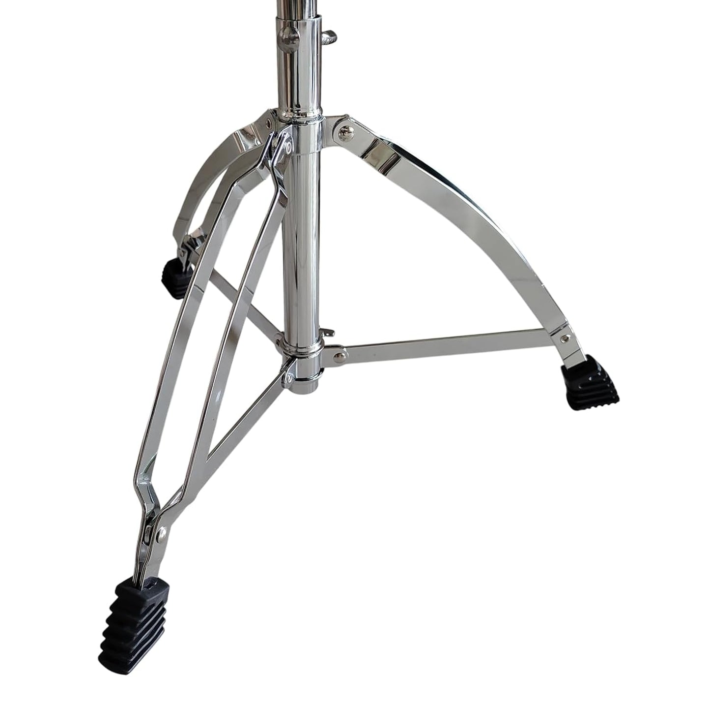 Chrome snare drum stand on a white background