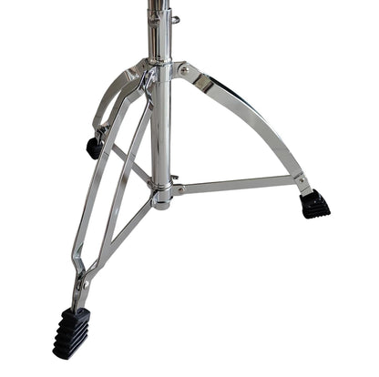 Chrome snare drum stand on a white background