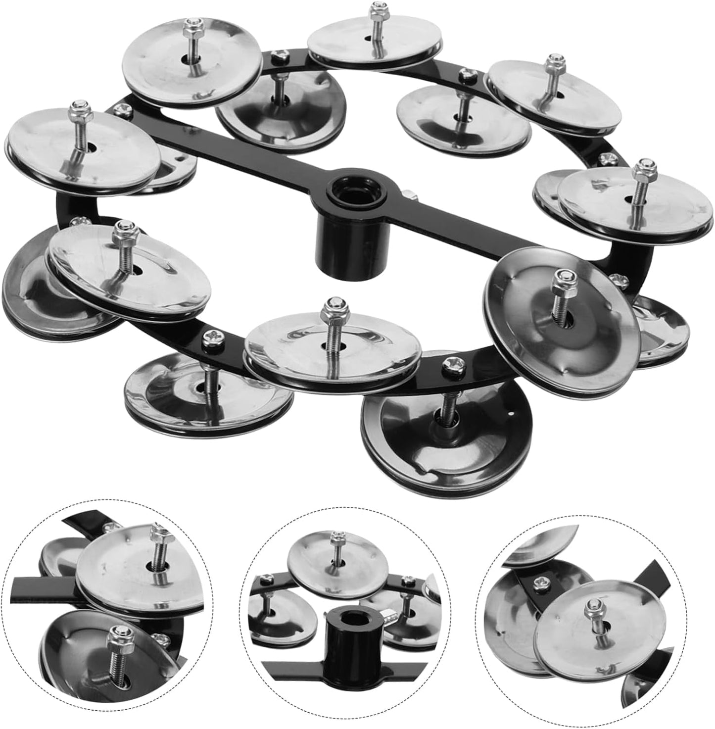 Metallic percussion instrument with multiple jingles on a white background