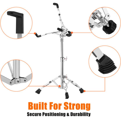 Drum stand with close-up details and text 'Built For Strong Secure Positioning & Durability' on a white background.