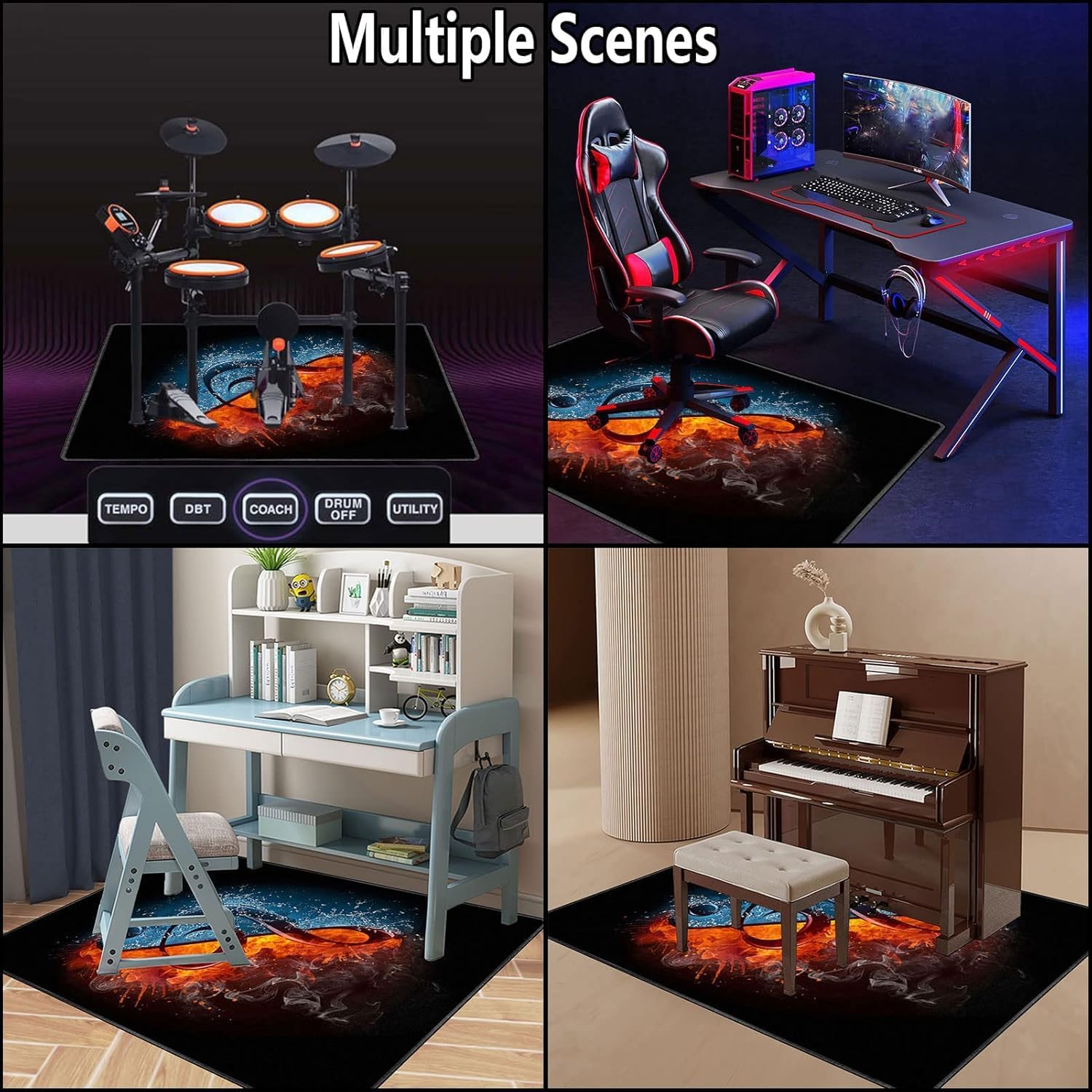 Collage of different scenes including a drum set, gaming setup, desk with books, and piano.