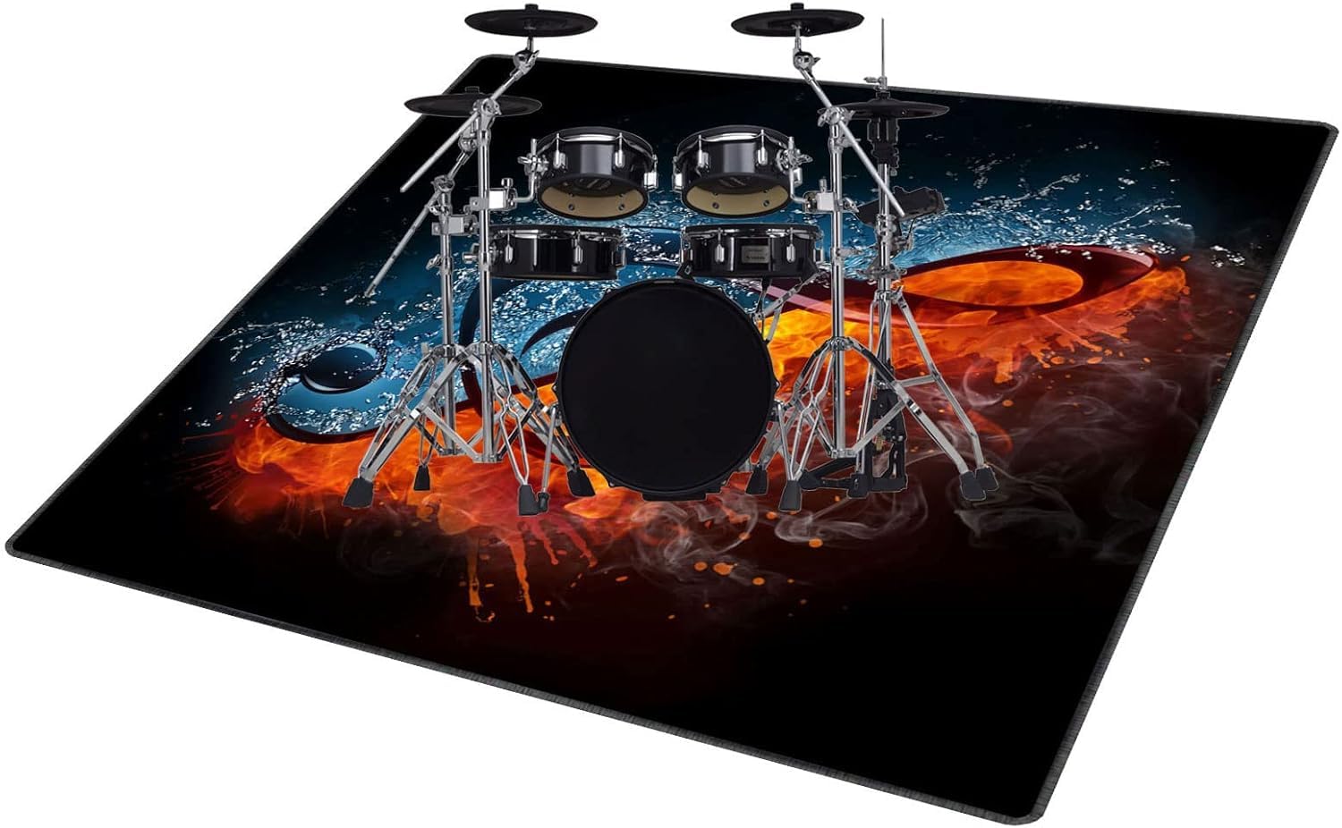 Drum set on a decorative mouse pad with fiery and water-themed design