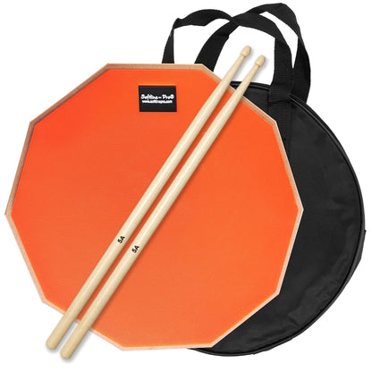 Orange practice drum pad with wooden sticks and black carrying bag on a white background