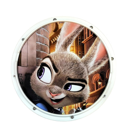 Circular product with an animated rabbit character on a white background