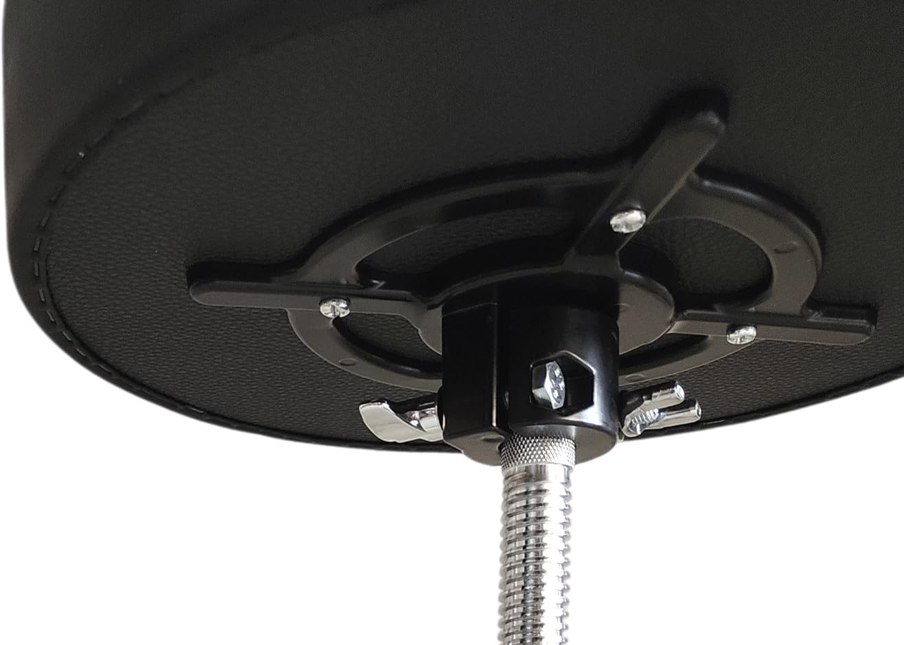 Close-up of a black ceiling mount with a metal rod on a white background
