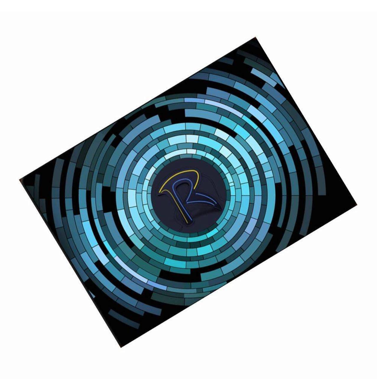 Circular mosaic design with a logo in the center on a white background