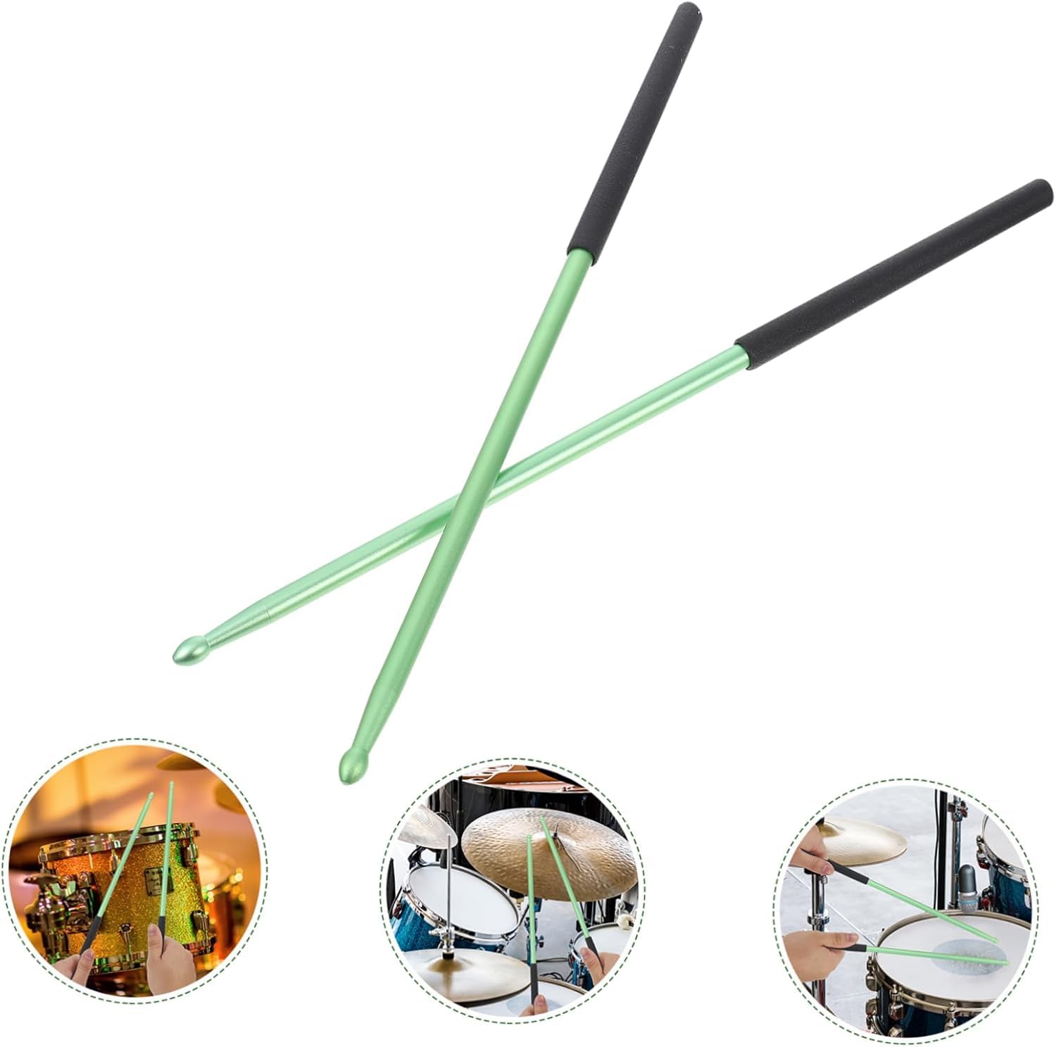 Two green drumsticks with black ends on a white background, with insets showing drumming action.