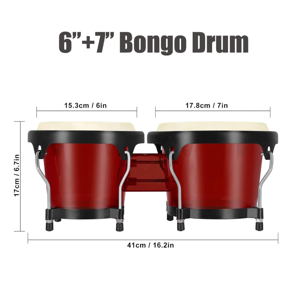 Padded carry bag alongside transparent red bongos for travel-ready portability.