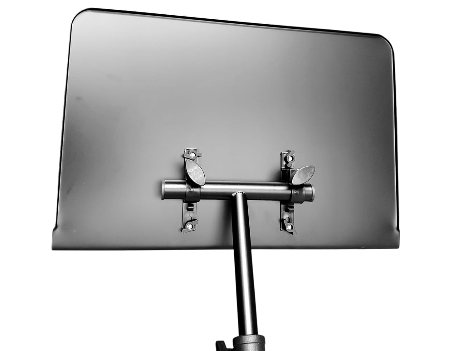 Metallic rectangular object with a central rod and attachments on a white background