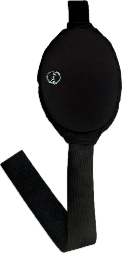 Black waist bag with a visible brand logo on a white background