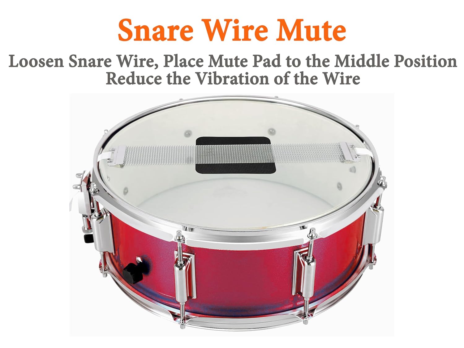 Red snare drum with a snare wire mute pad on a white background
